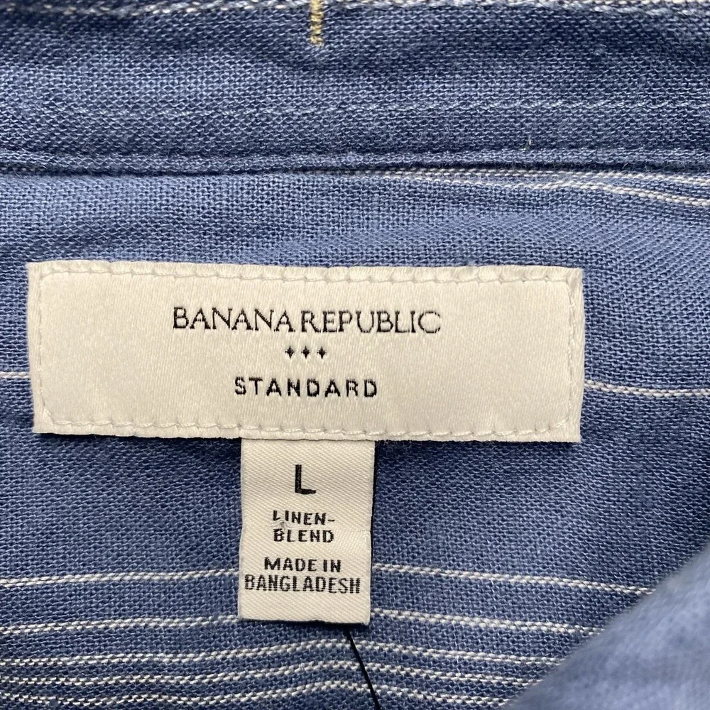Banana Republic Shirt Mens Large Blue Stripe Short Sleeve Linen Blend Button Up